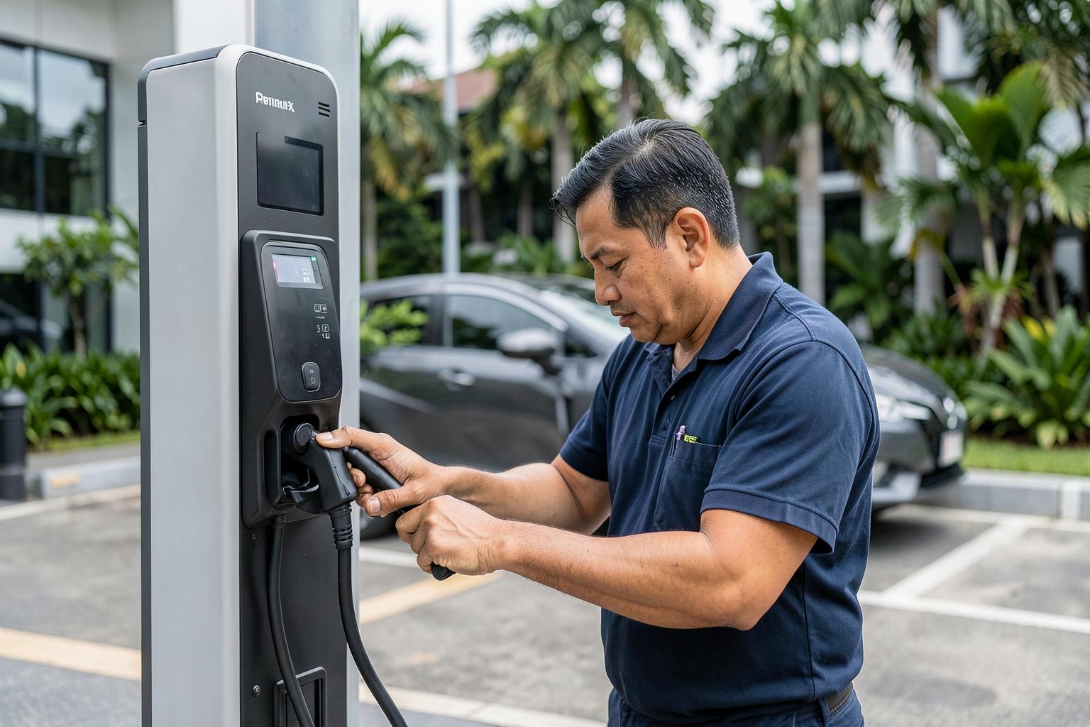 Technician maintaining an EV charging station