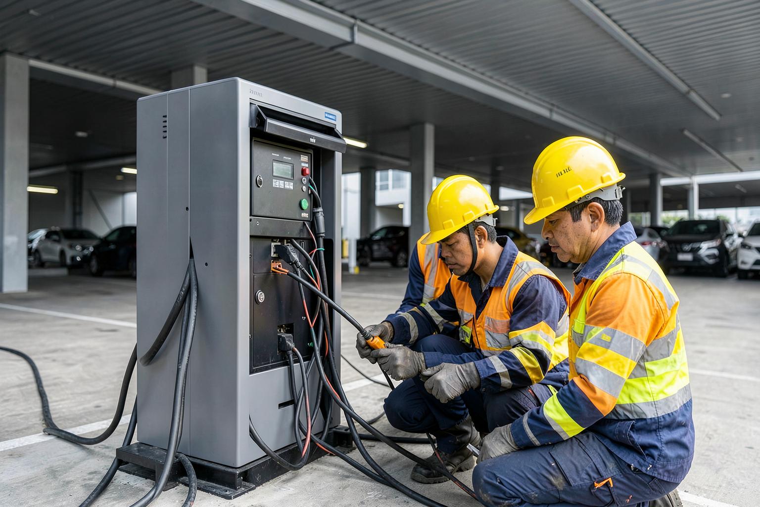 Engineers installing commercial EV charging equipment